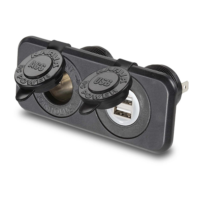 Narva 81144BL 12-24V Heavy-Duty Twin Accessory/Dual USB Sockets