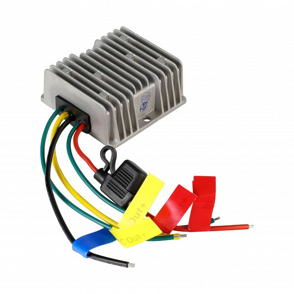 Aerpro APC20A 20 amp DC power converter showing compact die-cast aluminium housing