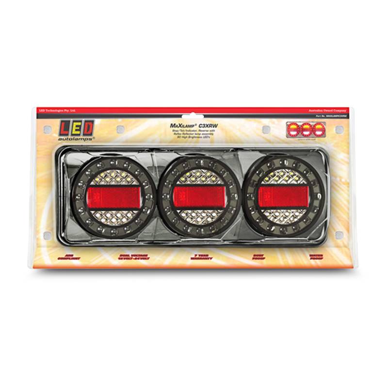 Three LED Autolamps MAXILAMPC3XRW stop/tail/indicator lights with black chrome housing, packaged in a box with a clear plastic window displaying the product.