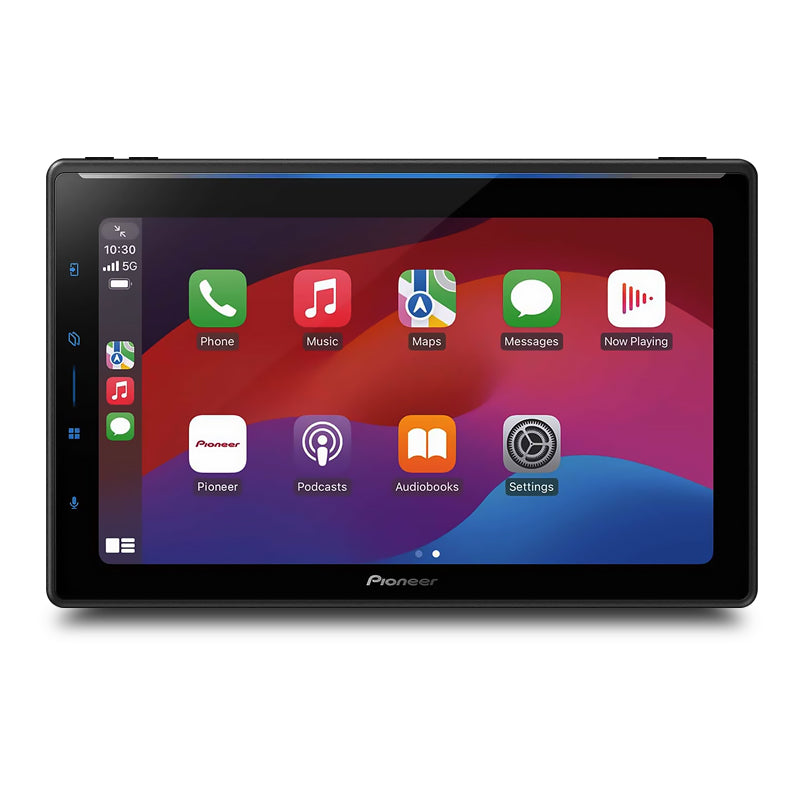 A Pioneer SPH-EVO107DAB 10.1” HD capacitive touchscreen wireless AV receiver with a colorful display showing icons for various functions like phone, music, maps, and settings.