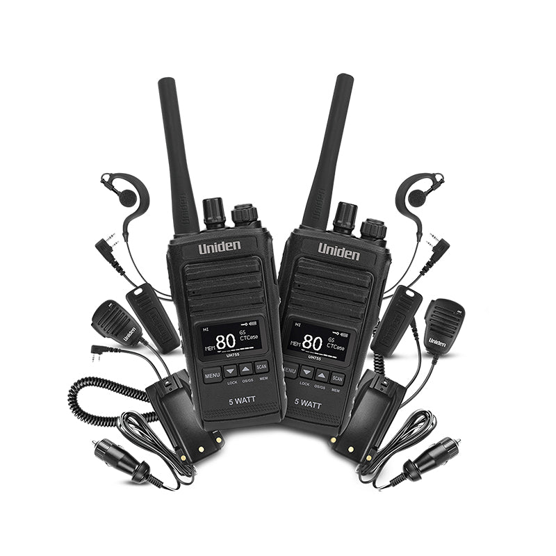 Uniden UH755-2DLX 5 Watt UHF CB Splashproof Handheld Radio – Deluxe Pack