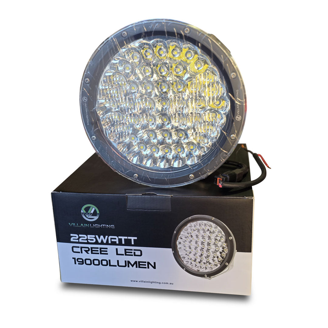 Villain Lighting VIL-9DL-225 9" Pro Driving Lights 225 Watt Cree LED 19000 Lumen Spotlight (Pair) with Narva 74402 12V 4WD Driving Light Wiring Harness Package