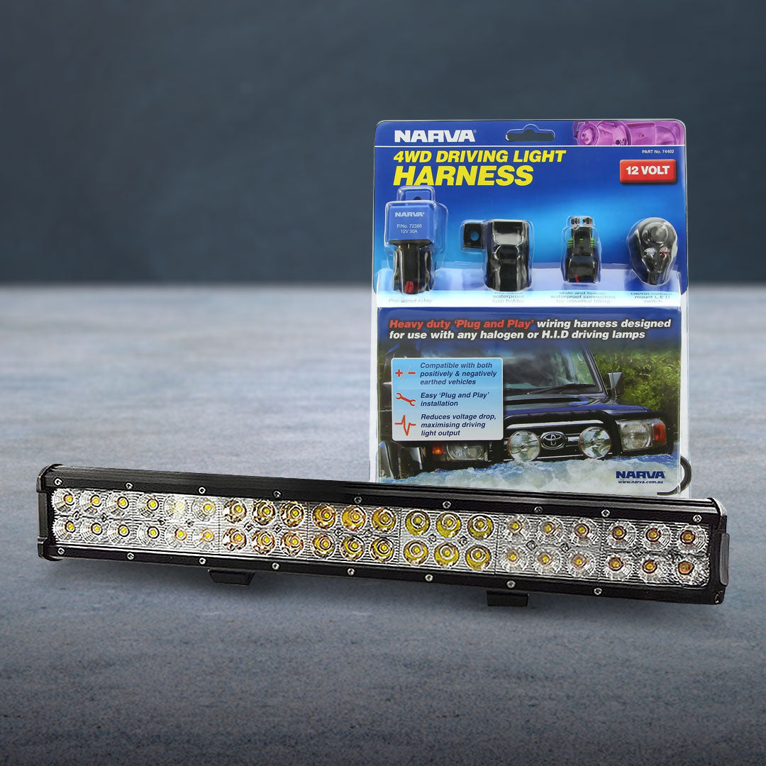 XS Lighting XS-DLB20 20" LED Light Bar Combo Beam with Narva 74402 12V 4WD Driving Light Wiring Harness Package