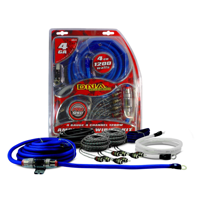 DNA 4-channel amplifier kit packaging displaying red and blue power cables, amplifier unit, wiring accessories, and installation components.
