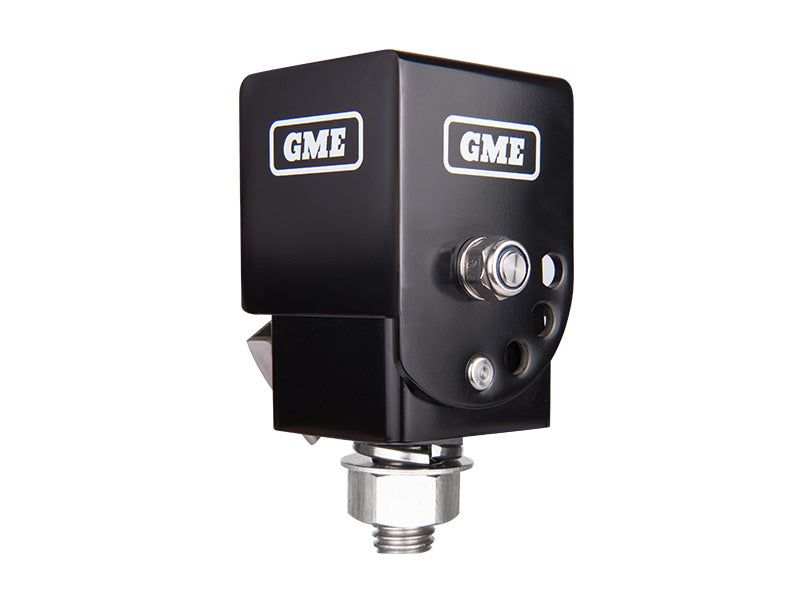 A black GME fold-down antenna mounting bracket with a simple lever and pin arrangement, designed for adjusting the height of a vehicle's antenna.