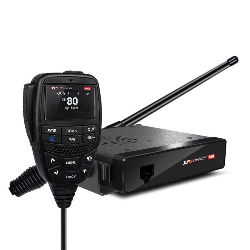 A GME XRS Connect 4WD Pack which includes a compact UHF CB radio and a heavy duty antenna, both in black color.