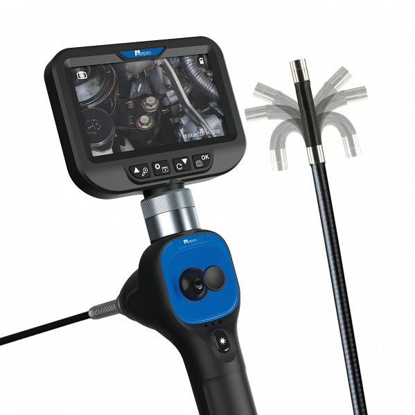 Aerpro G9300HD inspection camera with display screen showing live borescope image, articulating probe, and blue ergonomic handle.