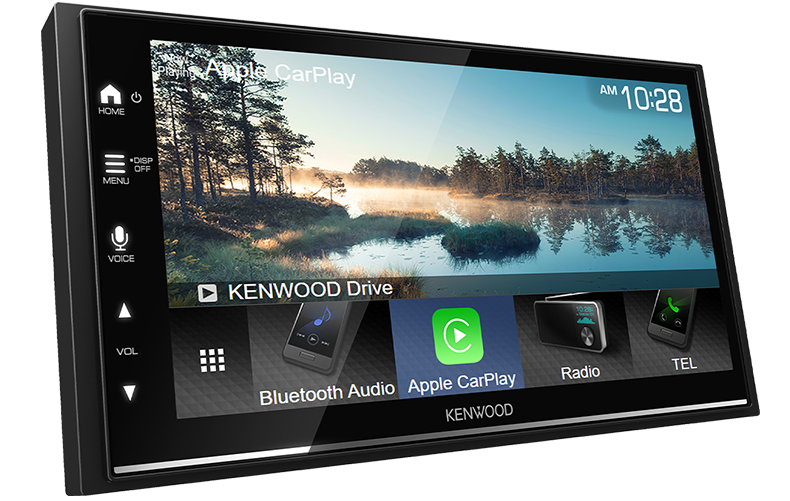 A Kenwood DMX7022S 7-inch AV Receiver with Apple CarPlay and Android Auto features displayed on the screen.