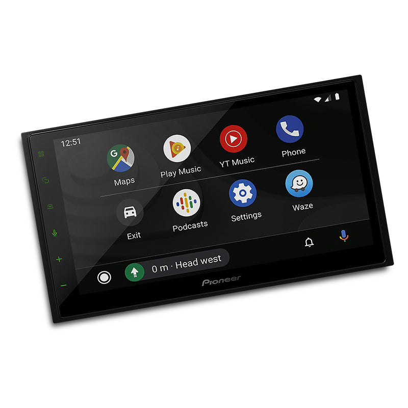 A Pioneer DMH-Z5350BT 6.8-inch Apple CarPlay/Android Auto/Bluetooth Multimedia Player interface displayed with various apps like Maps, Play Music, and Phone visible.