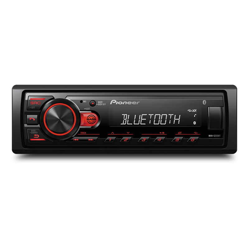 Pioneer MVH-S235BT digital media receiver with Bluetooth connectivity, EQ controls, and sleek black interface accented with red lighting.