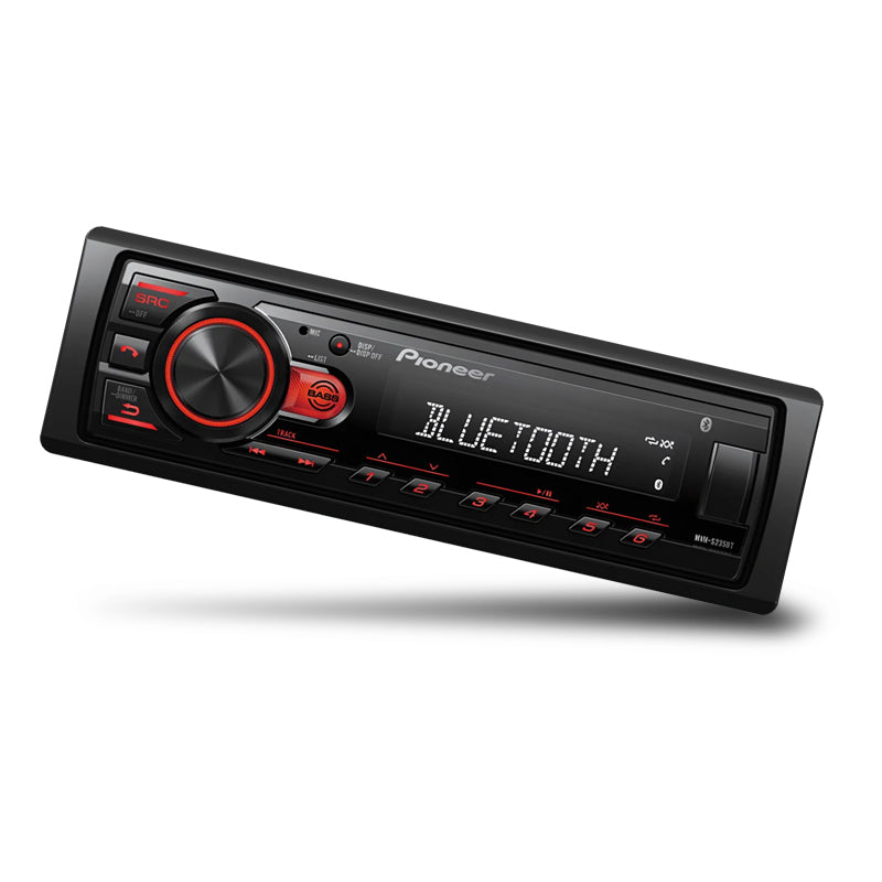 Tilted side-up view of Pioneer MVH-S235BT digital media receiver showing black body, red-accented front panel, and illuminated control buttons.