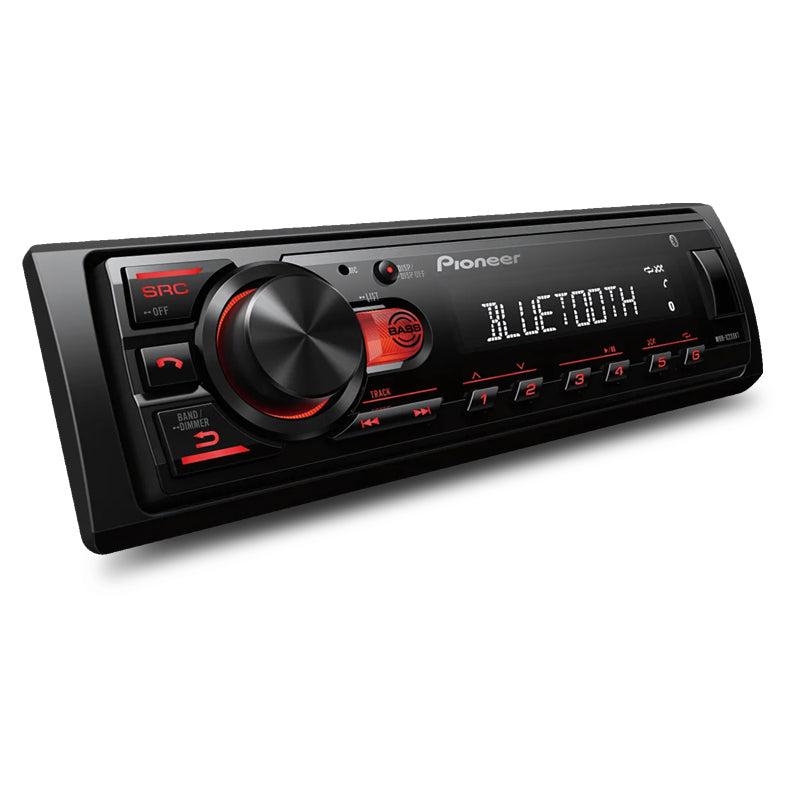 Side view of Pioneer MVH-S235BT digital media receiver showing black chassis design with red-accented front panel and Bluetooth-enabled controls.