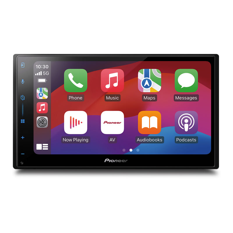 A Pioneer SPH-DA77DAB 6.8″ Wireless AV Receiver closer look with a display showing Apple CarPlay and Android Auto interfaces, featuring icons for various functions such as DAB, Apple CarPlay, Android Auto, and others.