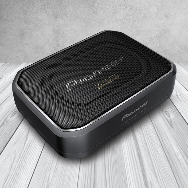 Pioneer TS-WX140DA 8" Space-Saving Amplified Compact Active Subwoofer side angle view added color background