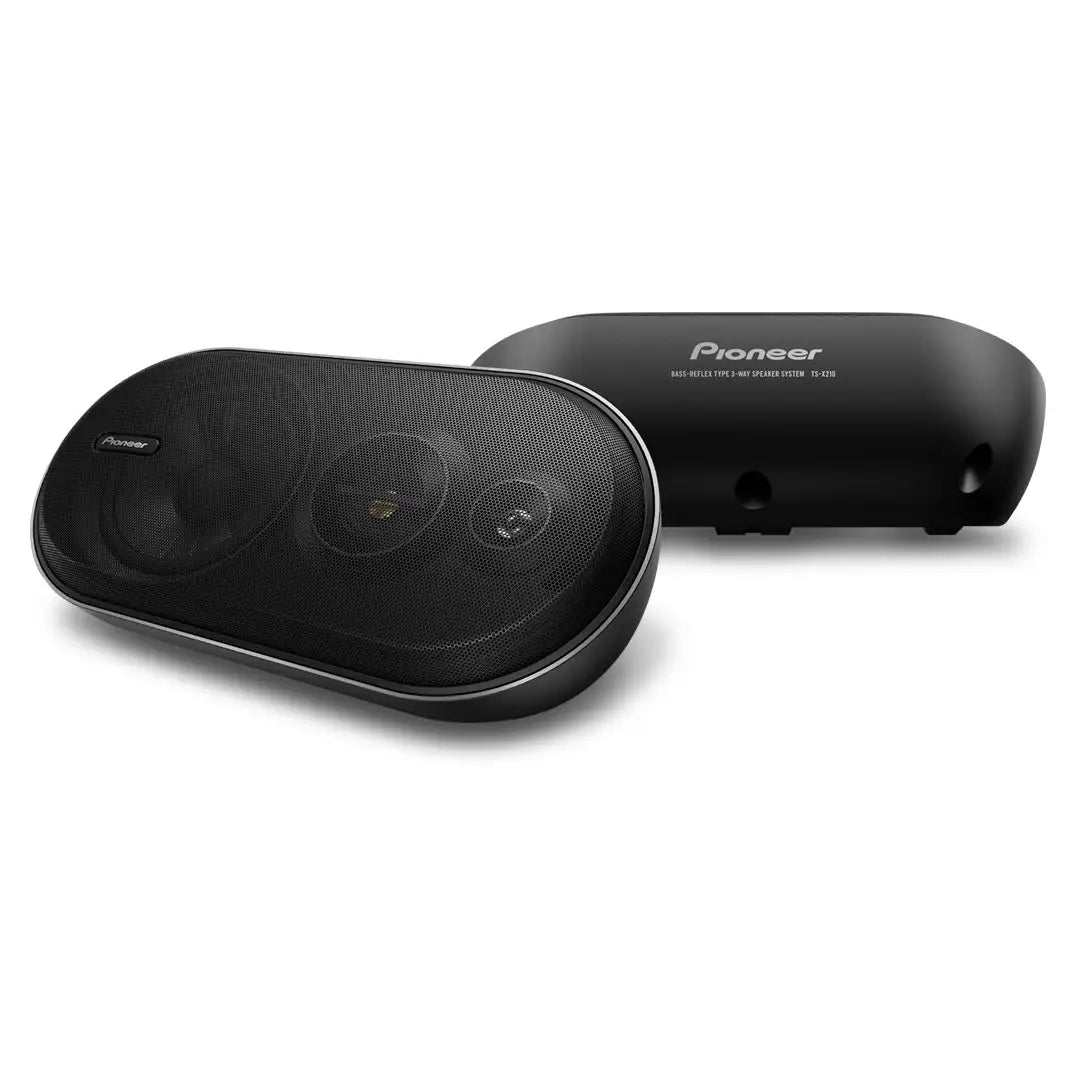 A pair of Pioneer 3-way surface mount speakers in black color with a large diameter grille.