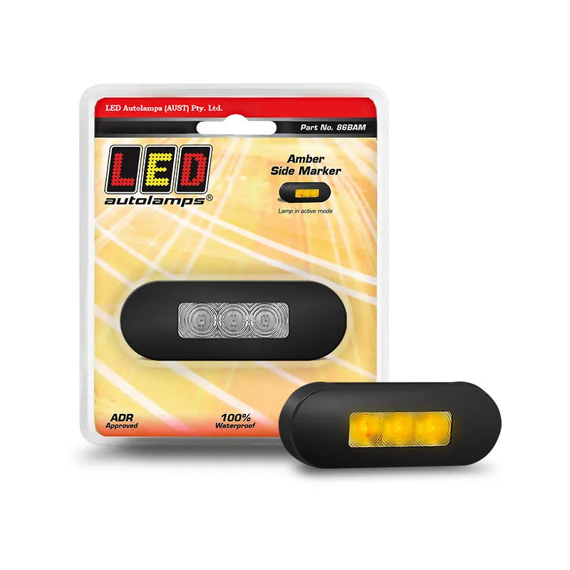 LED Autolamps 86BAM Amber Side Marker Lamp Clear Lens Coloured Black Steel Bezel Blister Pack