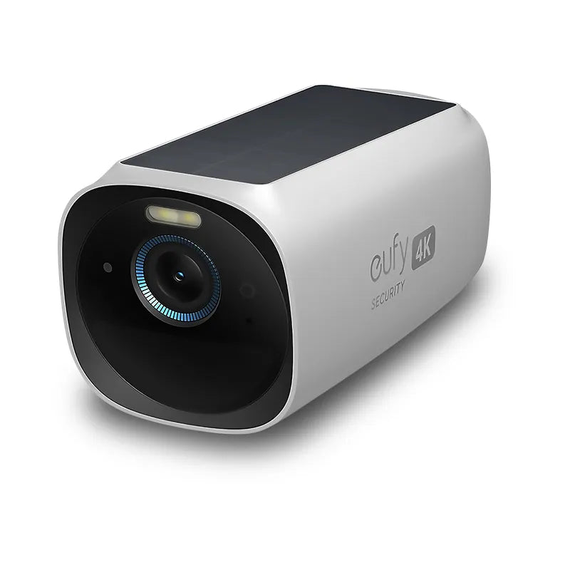 Eufy 4K wireless security camera with an integrated solar panel, labeled as 'eufy Security', featuring a black and white color scheme.