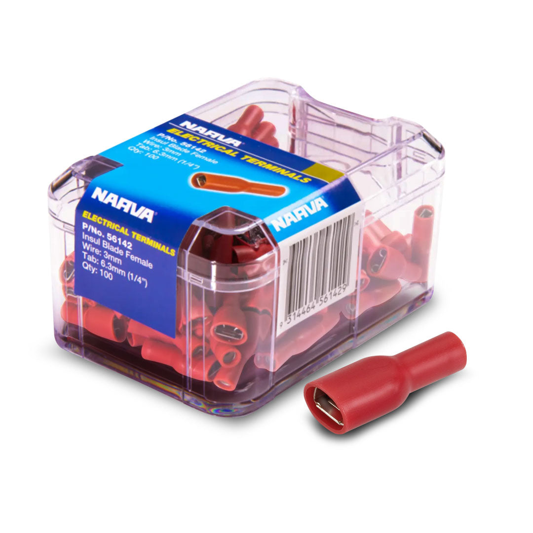 Narva 56142 Red | Female Crimp Terminal 6.3 x 0.8mm Blade Connector | Vinyl Insulated | 100 Pack