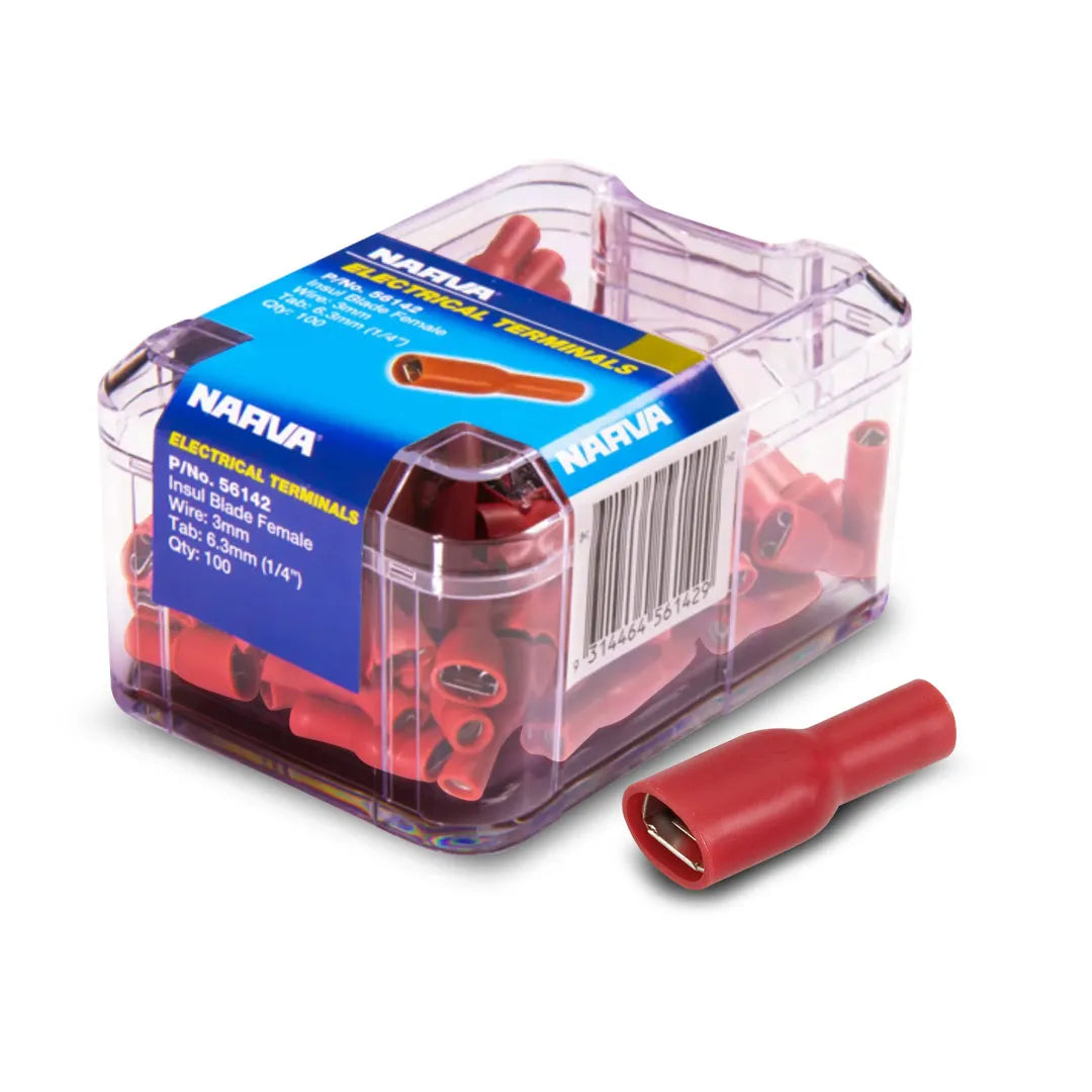 Narva 56142 Red | Female Crimp Terminal 6.3 x 0.8mm Blade Connector | Vinyl Insulated | 100 Pack