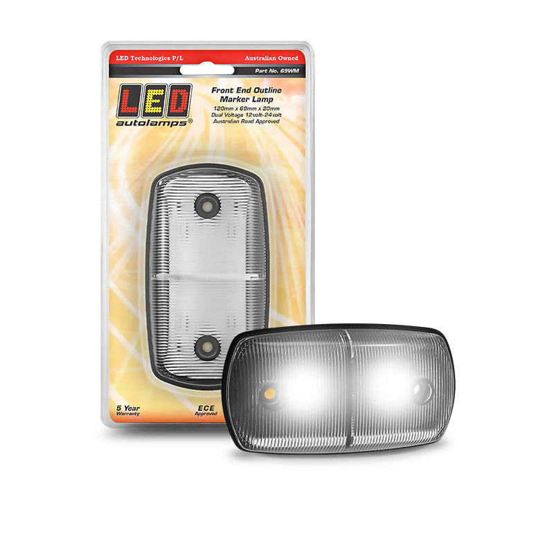 LED Autolamps 69WM Front End Outline Marker White 12/24 Volt - 120 x 69 x 20mm - Blister