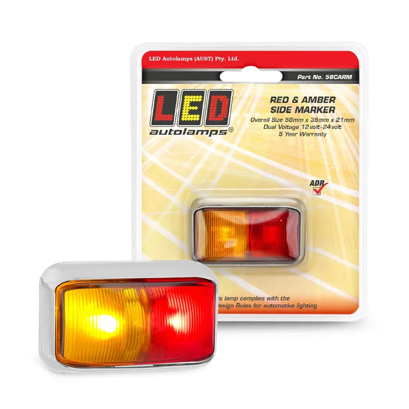 LED Autolamps 58CARM 10/30V LED Red Amber Side Marker Chrome 40cm Wire Blister