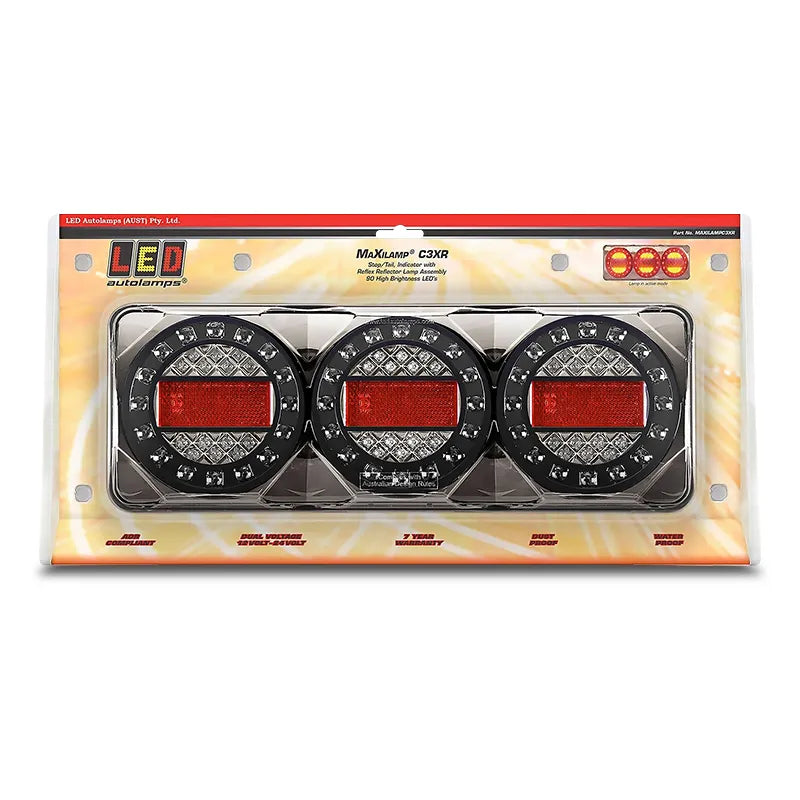 LED Autolamps MAXILAMPC3XR 12/24v Stop/Tail/Indicator/Reflector LED Black Chrome Housing Blister Pack