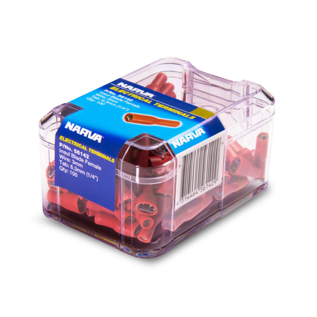 Narva 56142 Red | Female Crimp Terminal 6.3 x 0.8mm Blade Connector | Vinyl Insulated | 100 Pack
