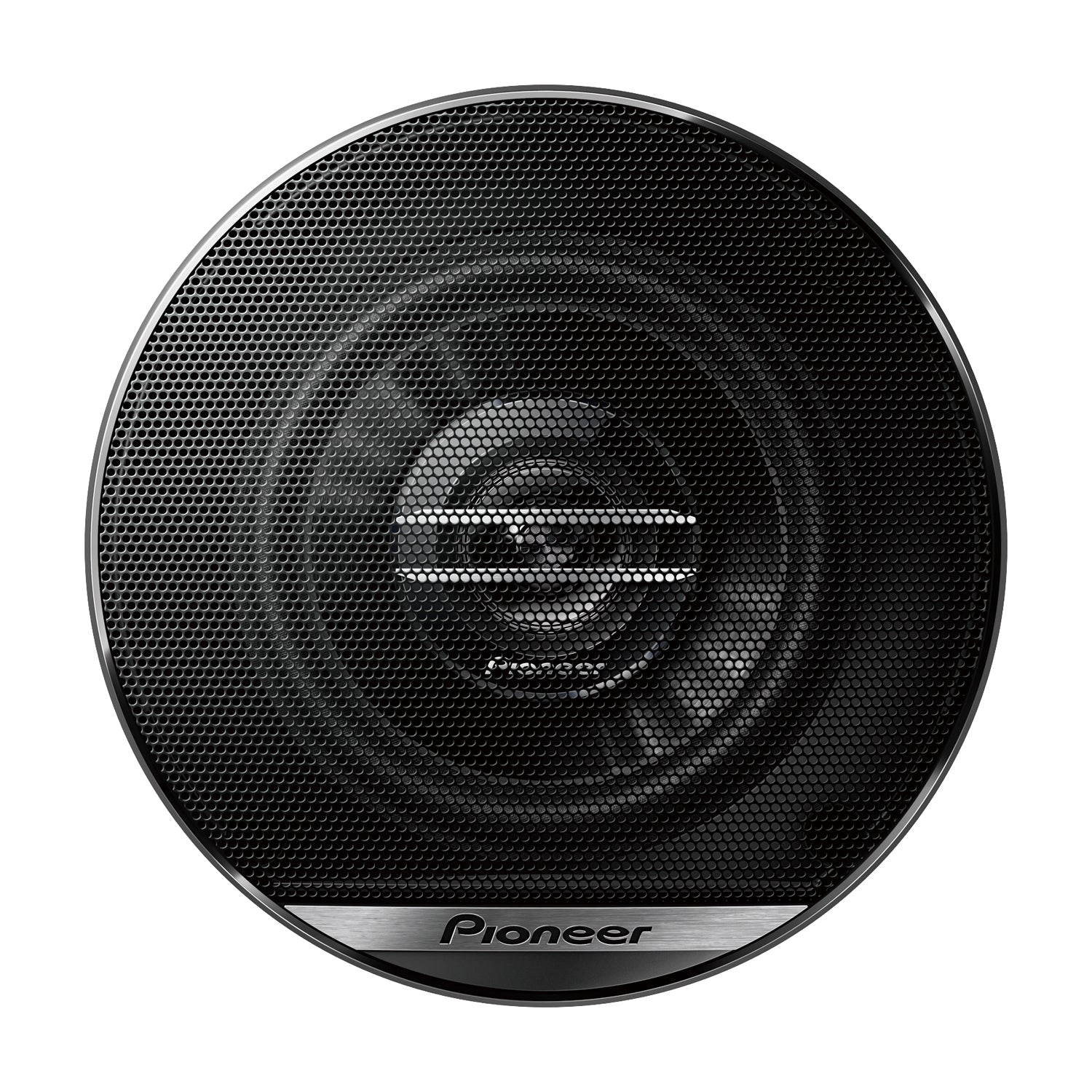 Mesh grille face with the Pioneer badge on a silver strip along the bottom