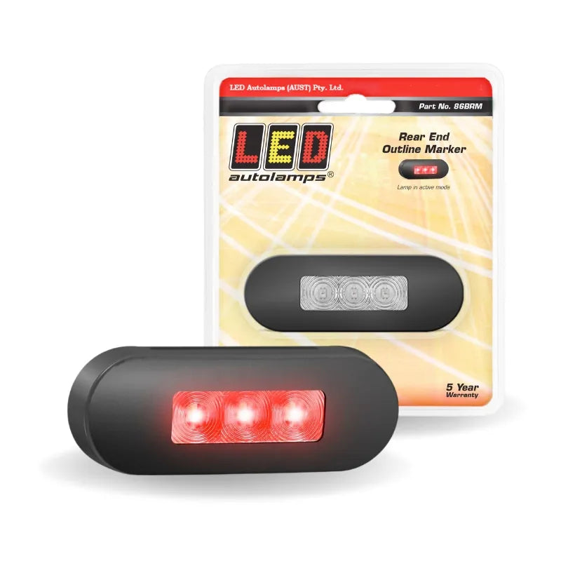 LED Autolamps 86BRM 12/24V Rear End Outline Marker Lamp Clear Lens Coloured LEDs Black Steel Bezel Blister Pack