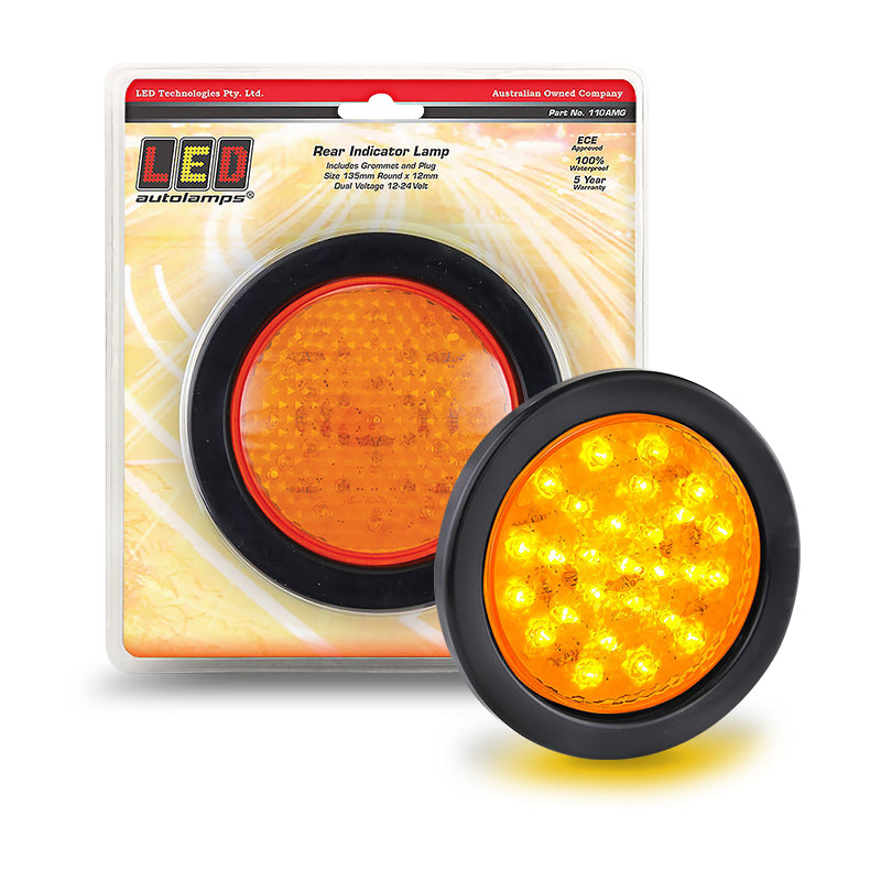 LED Autolamps 110AMG Technologies Indicator LED Light Round Amber Lens w/Rubber Grommet and Plug 12/24v