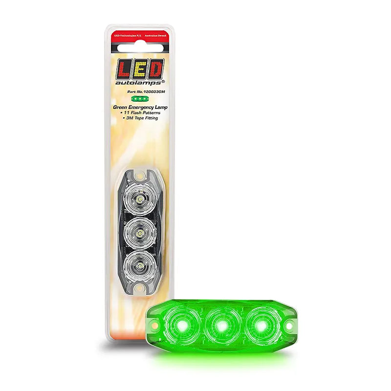 LED Autolamps 120033GM 12/24V LED Green Emergency Flash Patterns Sunc WireStrobe