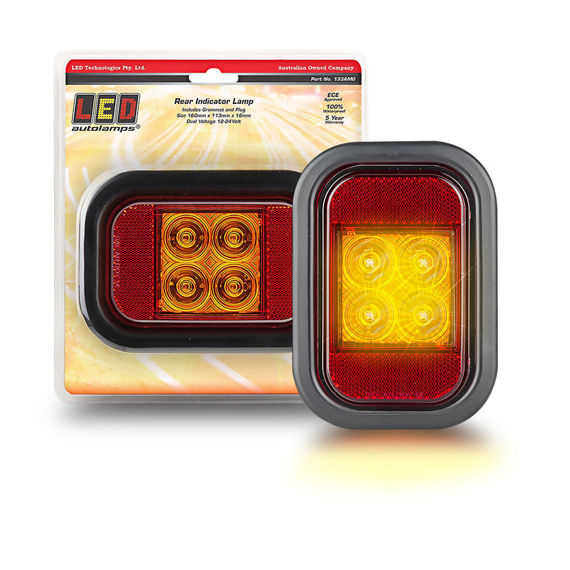 LED Autolamps 133AMG LED Technologies Indicator/Reflector LED Light Amber Lens 4 LEDs w/ Rubber Grommet and Plug 12/24V