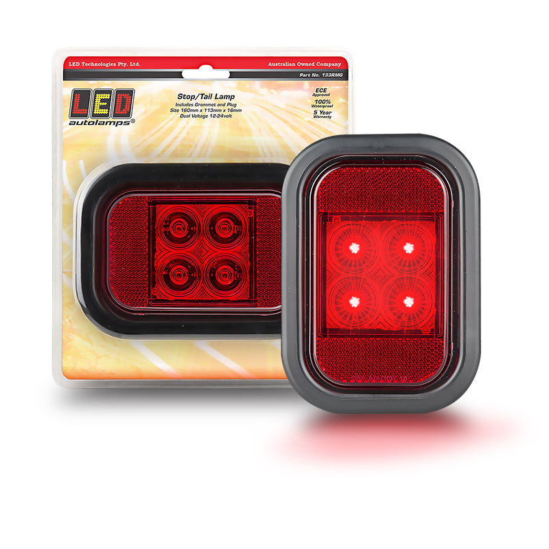 LED Autolamps 133RMG Stop/Tail/Reflector LED Light Red Lens 4 LEDs w/ Rubber Grommet and Plug 12/24V