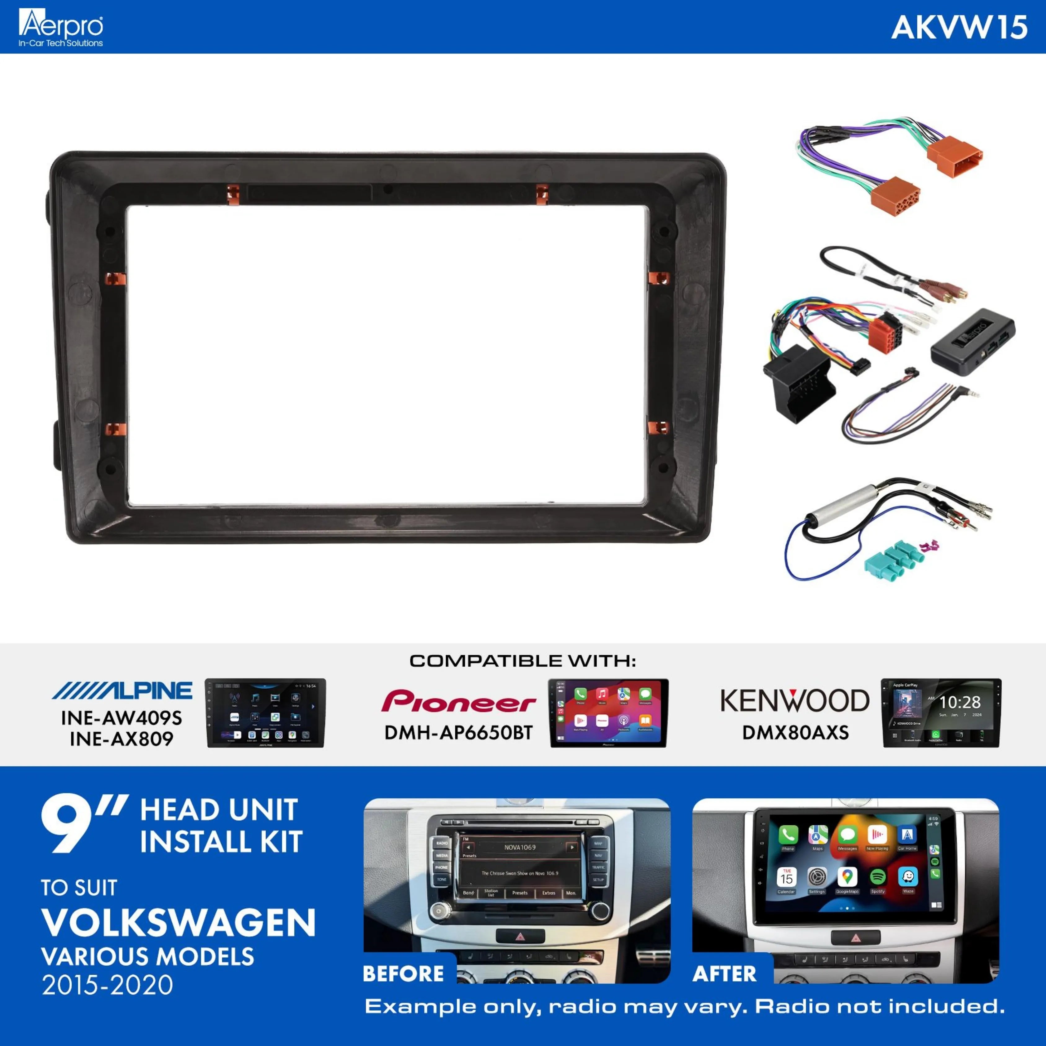 AERPRO AKVW15 9-Inch Installation Kit for Volkswagen 2015-2020 with Factory Visual and Amplifier Retention