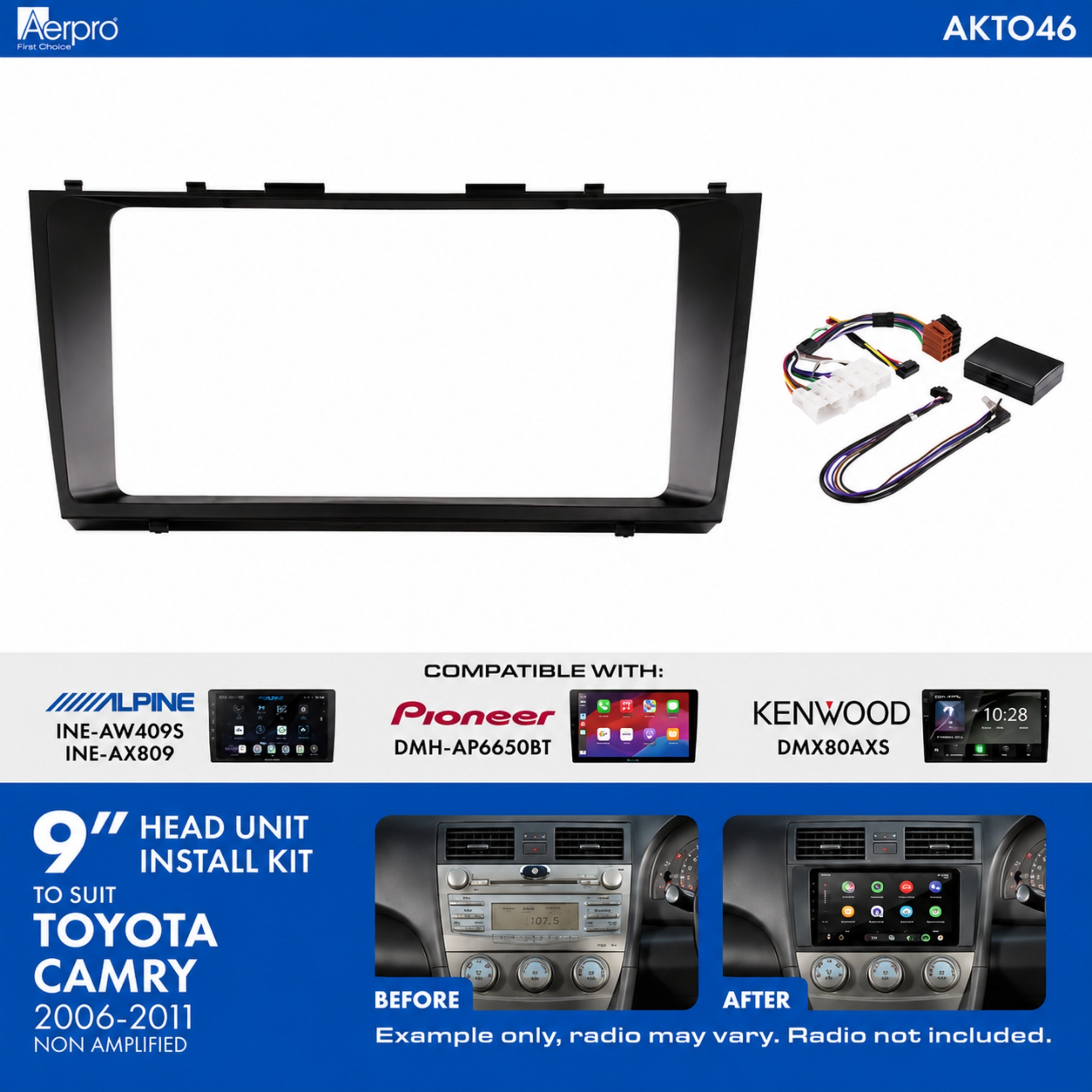 AERPRO AKTO46 9 Inch Install Kit to Suit Toyota Camry 2006-2011