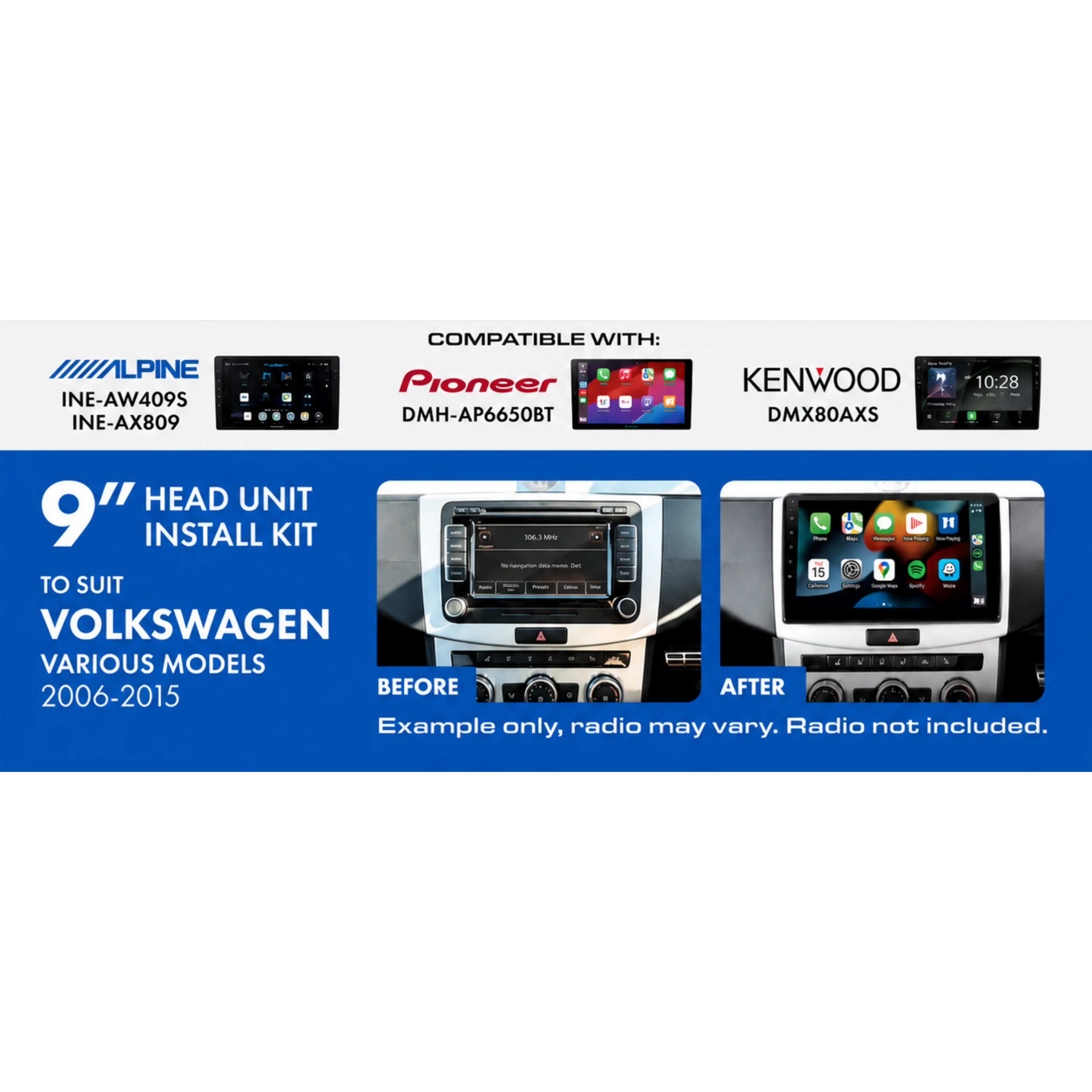 AERPRO AKVW13 9-Inch Installation Kit for Volkswagen 2006-2015 with Blaupunkt Factory Amplifier