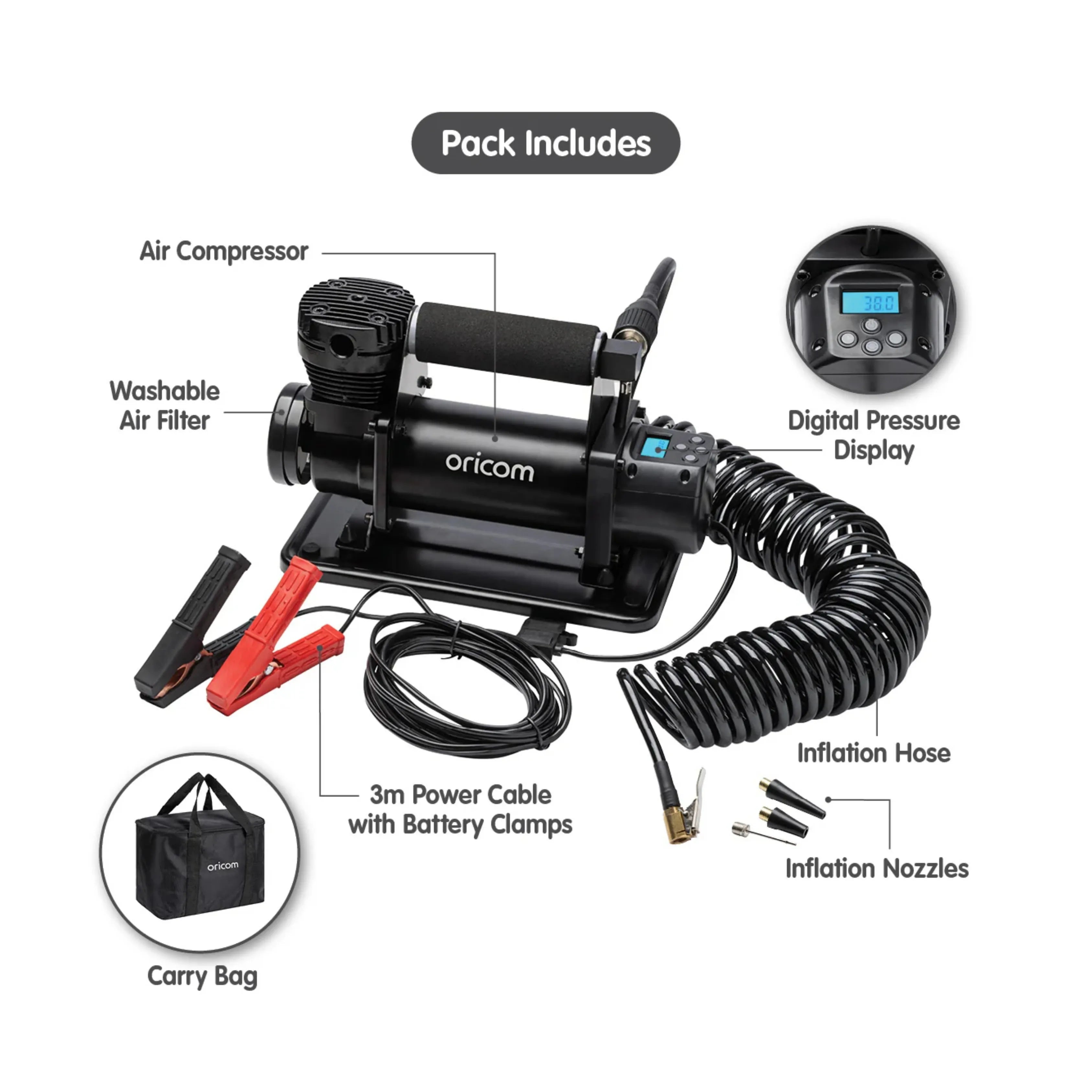 Oricom AIR20 Portable Air Compressor with Backlit Digital Display