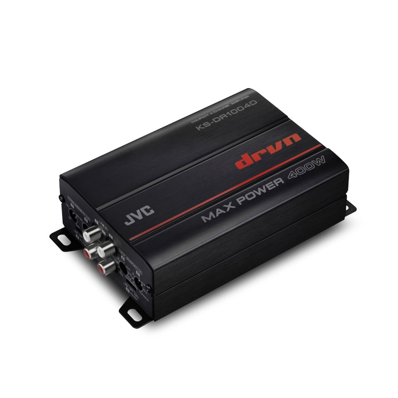 Black JVC KS-DR1004D 4-channel 400-watt compact car amplifier with multiple connection ports and a front panel featuring the JVC logo.