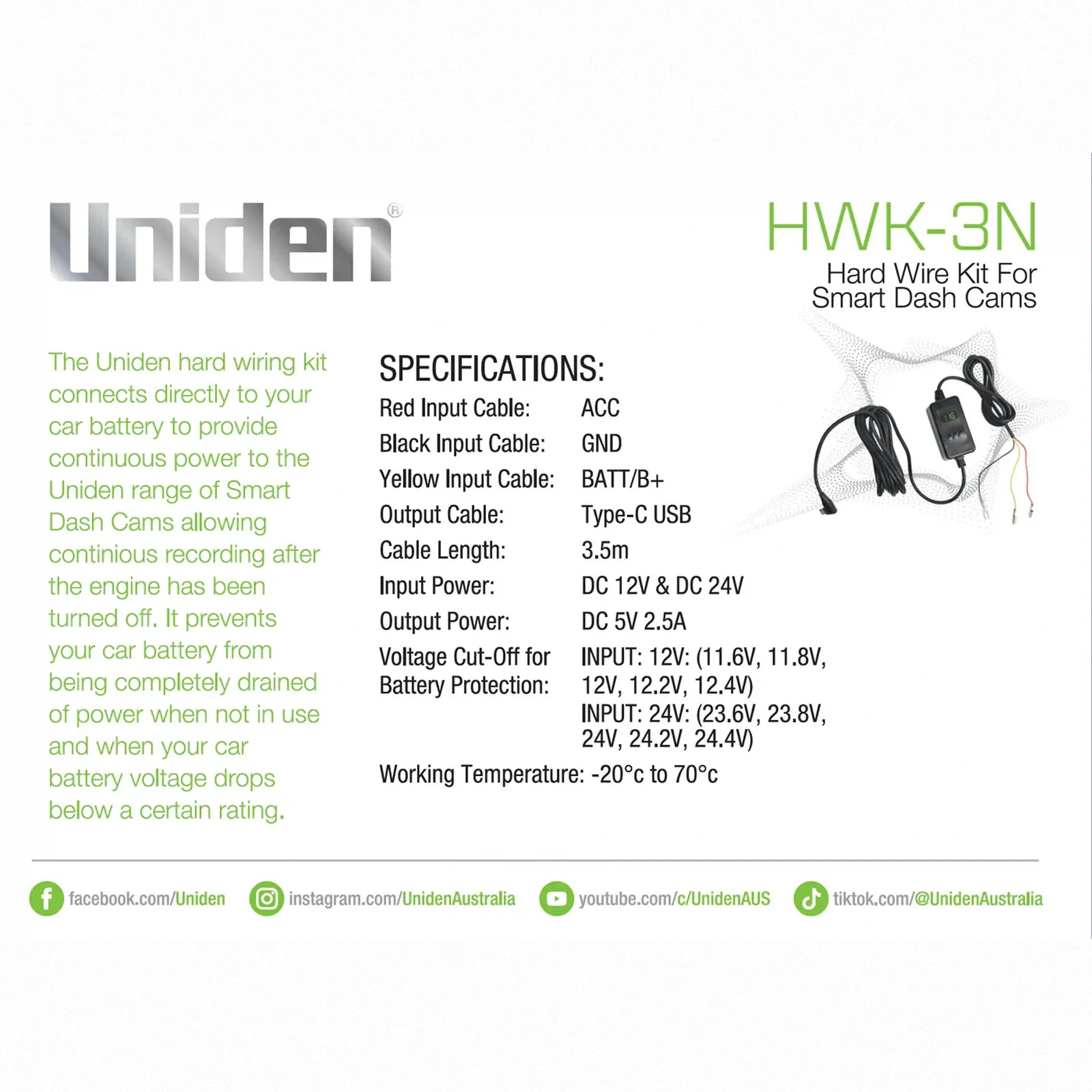 UNIDEN HWK-3 - Hard Wire Kit for Smart Dash Cams with USB-C