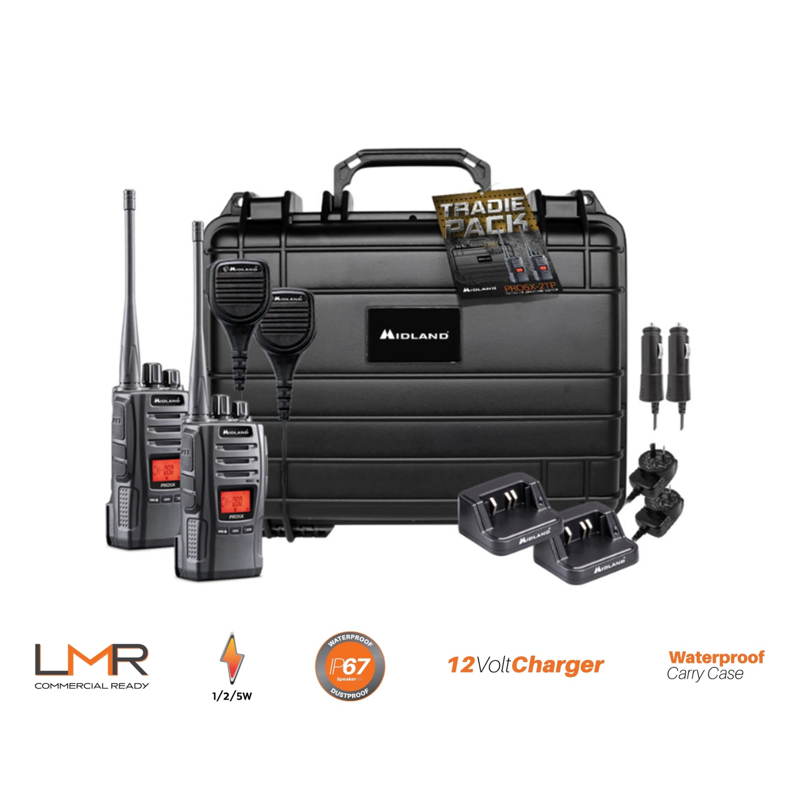 Midland PRO5X-2TP - 5W Tradies Pack Twin UHF CB/LMR Handheld Radio Bundle