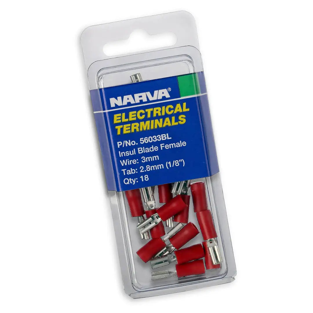 Narva 56033BL | 3mm Terminal Blade | Female Crimp Red Insulated - 18 Pce