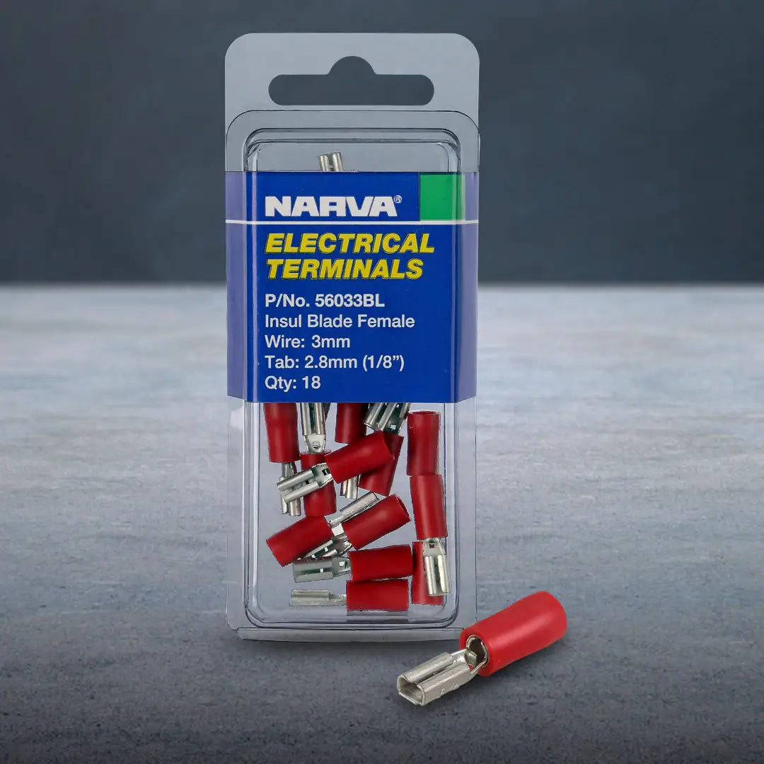 Narva 56033BL | 3mm Terminal Blade | Female Crimp Red Insulated - 18 Pce