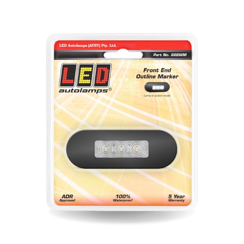LED Autolamps 86BWM 12/24V Front End Outline Marker Lamp Clear Lens Coloured LEDs Black Steel Bezel Blister Pack
