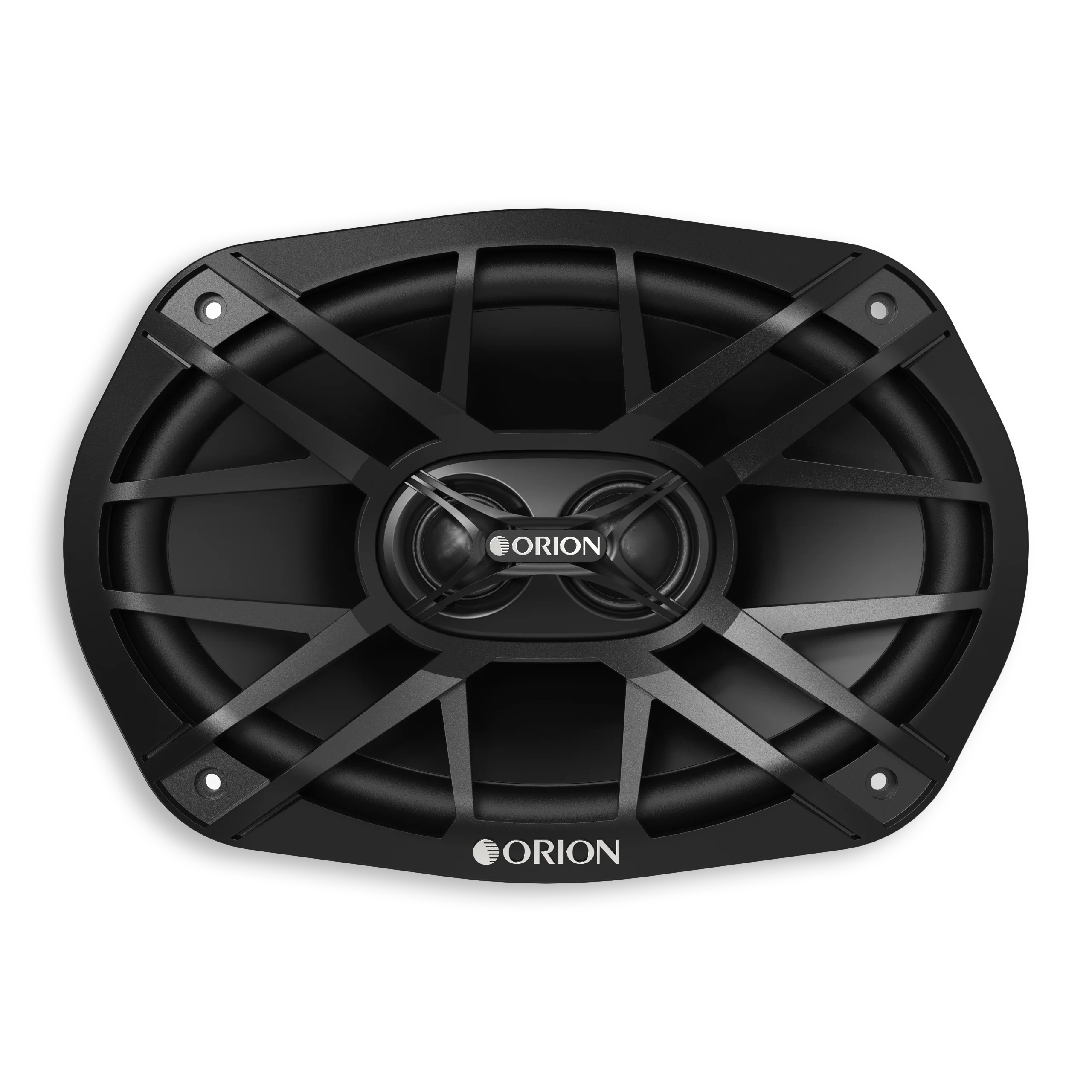 Front view of an oval speaker behind a black spoked grille with an ORION badge at the base