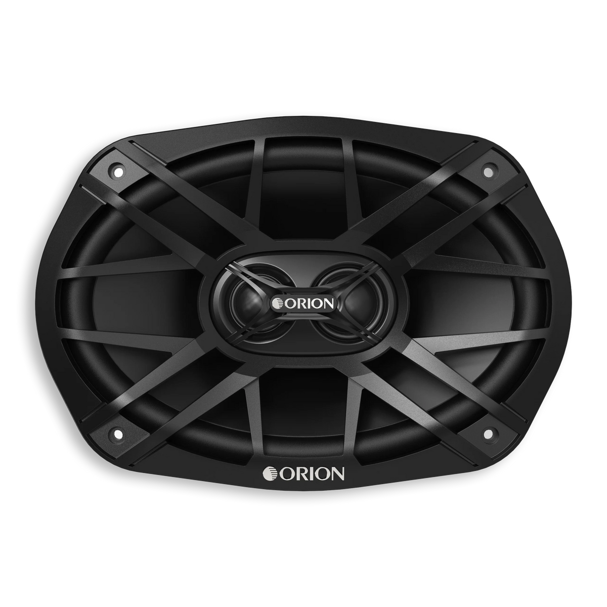 Front view of an oval speaker behind a black spoked grille with an ORION badge at the base
