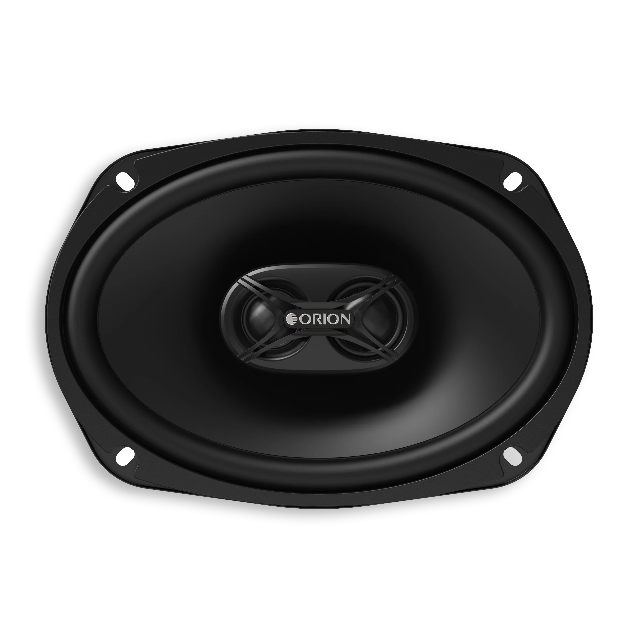 Front view of an oval speaker without a grille, showing the black cone and ORION tweeter bridge