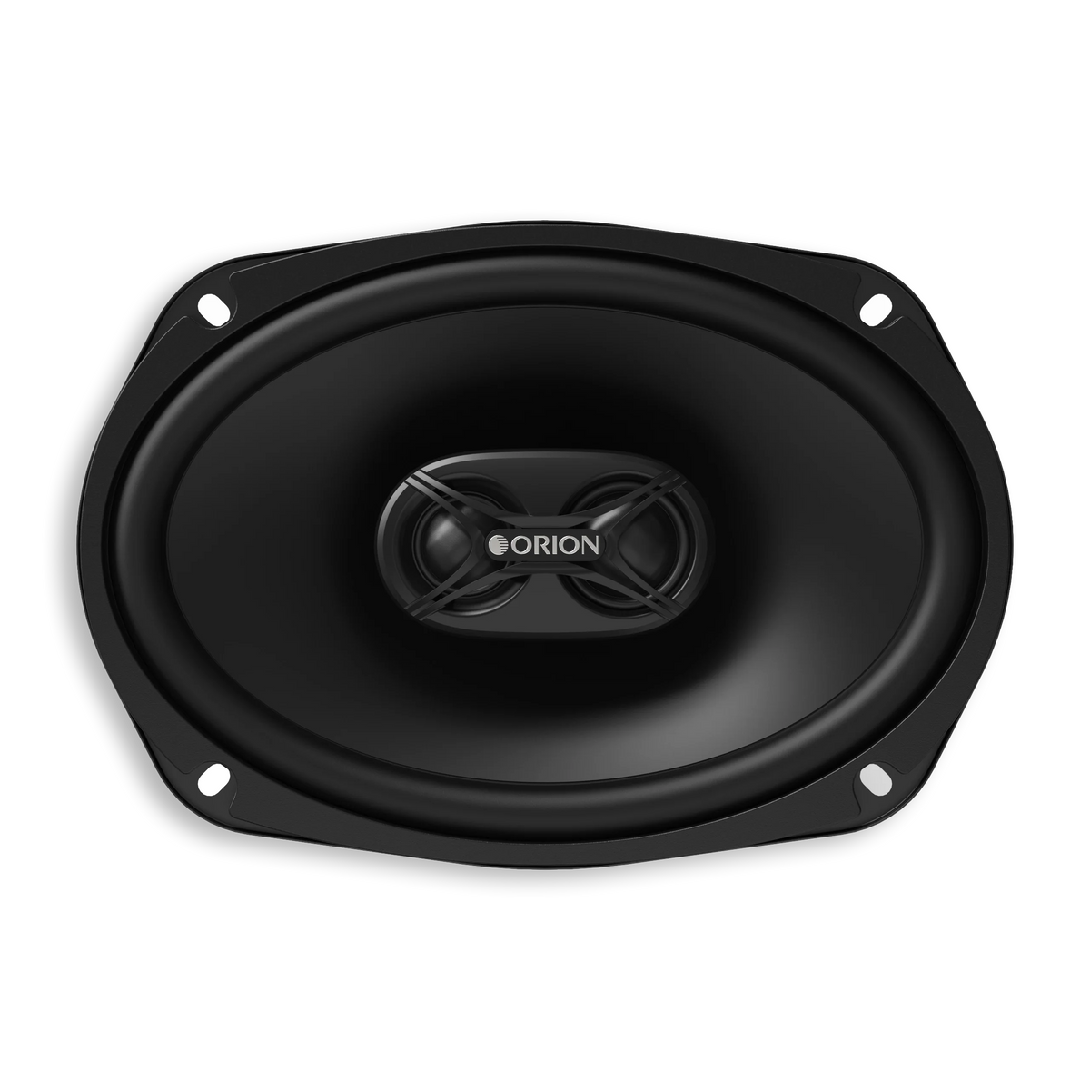 Front view of an oval speaker without a grille, showing the black cone and ORION tweeter bridge