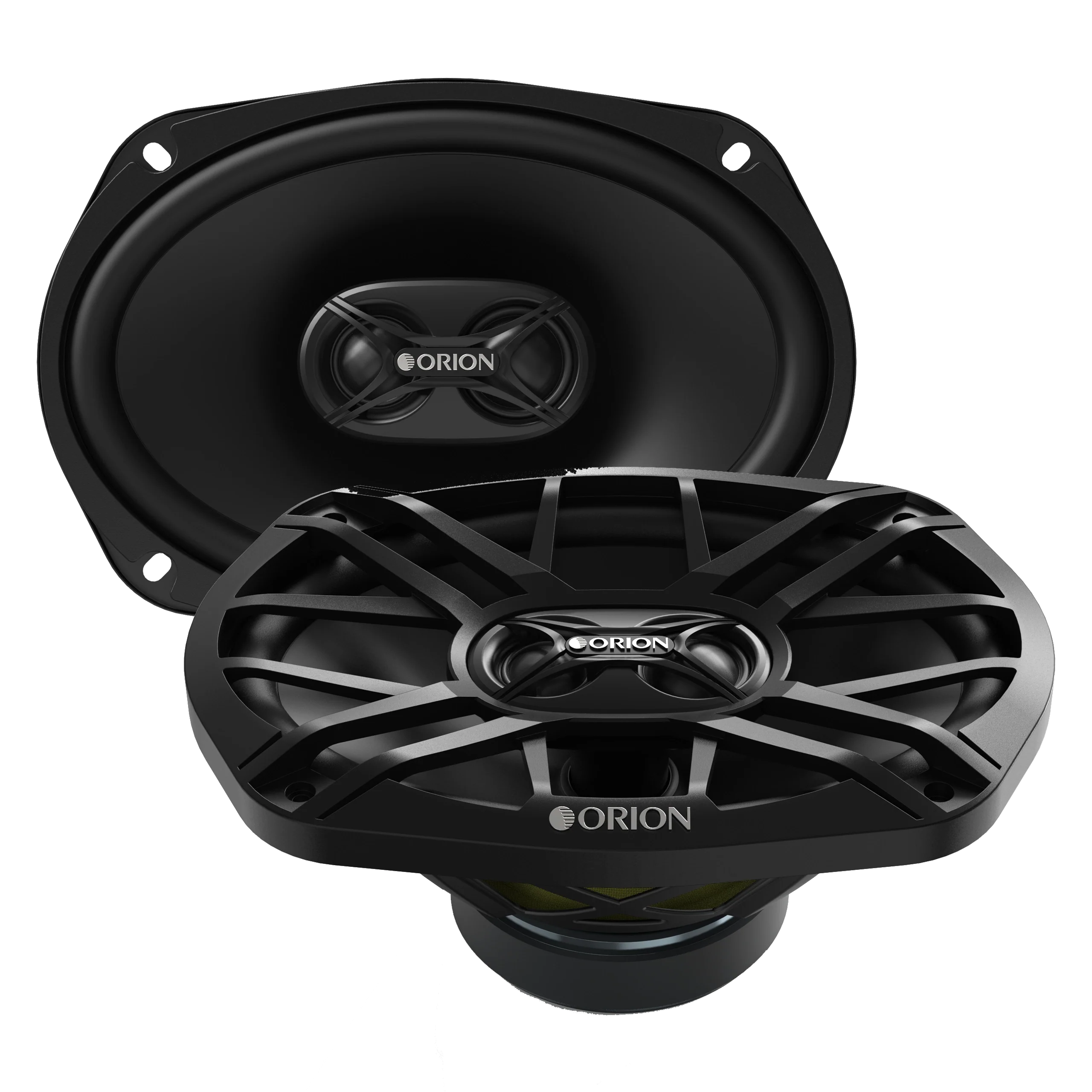 Black oval coaxial speakers with ORION badged tweeter bridges, one with its spoked grille fitted and one without
