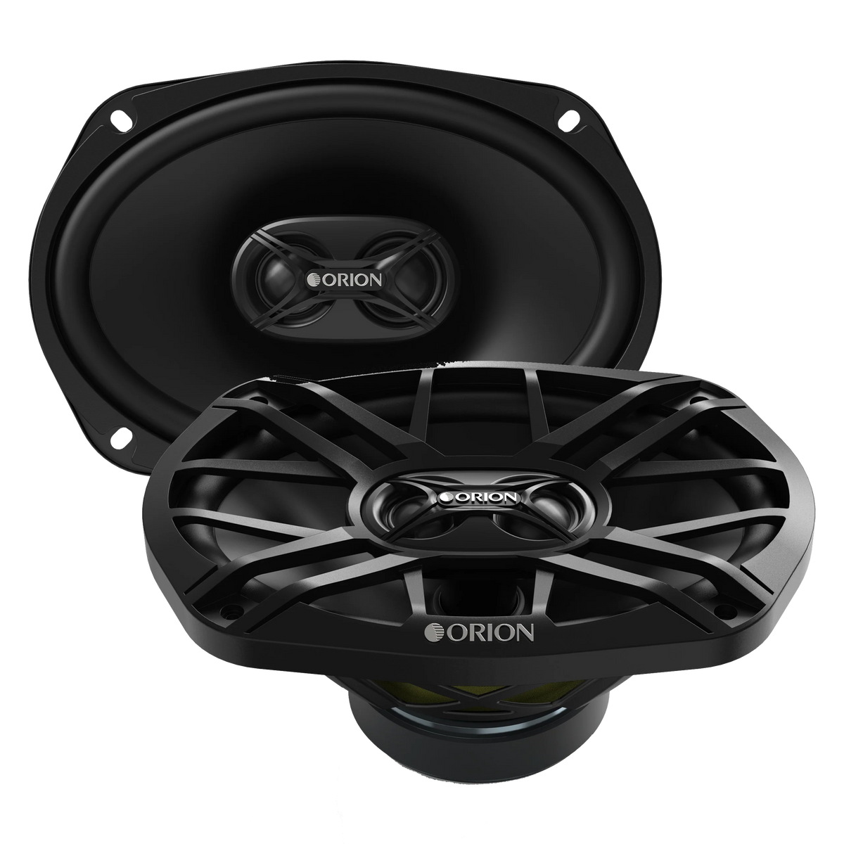 Black oval coaxial speakers with ORION badged tweeter bridges, one with its spoked grille fitted and one without