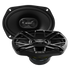 Black oval coaxial speakers with ORION badged tweeter bridges, one with its spoked grille fitted and one without